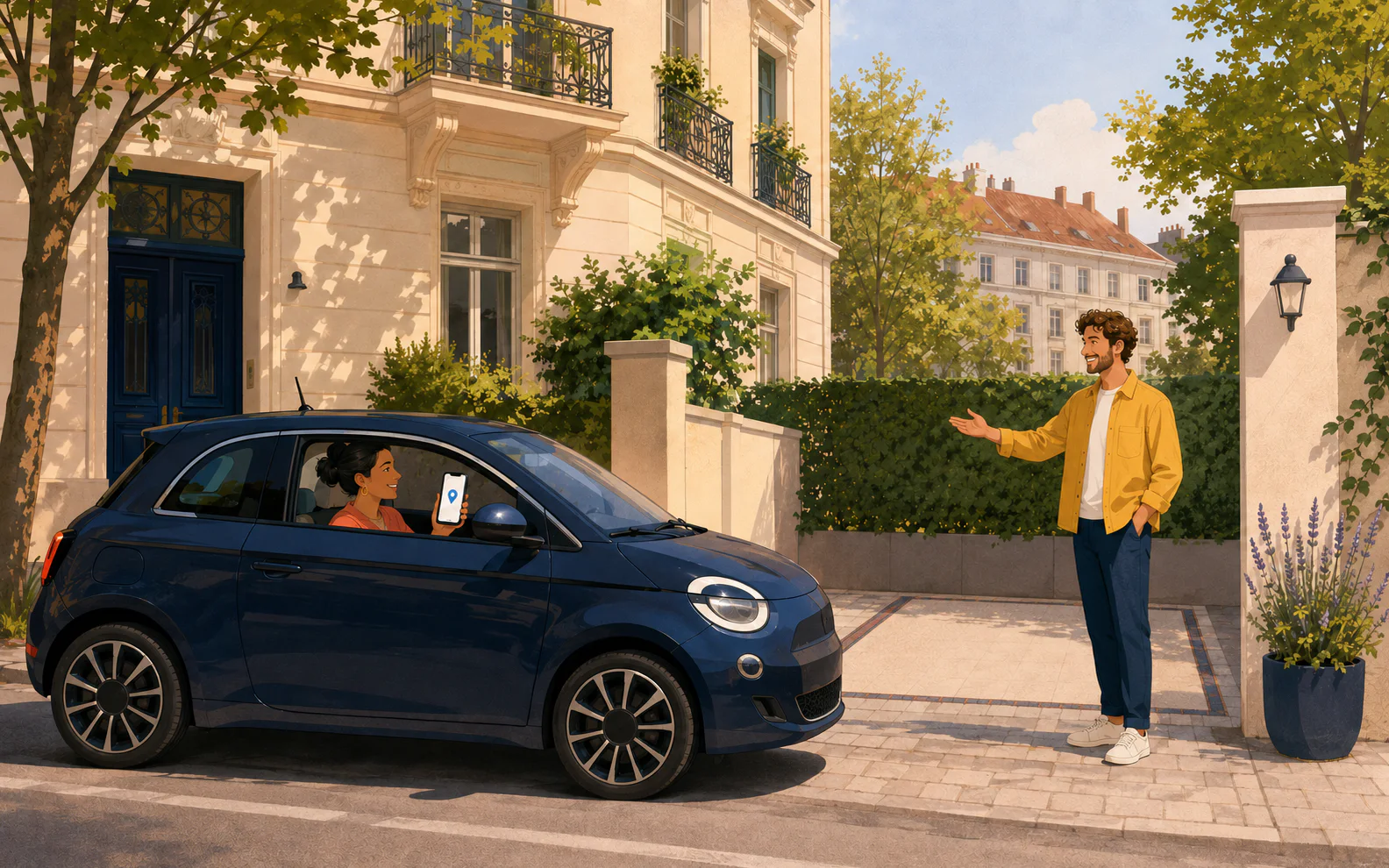 Illustration einer entspannten Ankunft an einem privaten Stellplatz