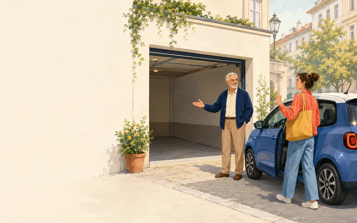Illustration eines Eigentümers, der einen freien privaten Stellplatz anbietet